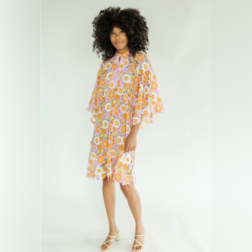 Victoria Dunn Floral Lace Shift Dress in Yellow and Pink
